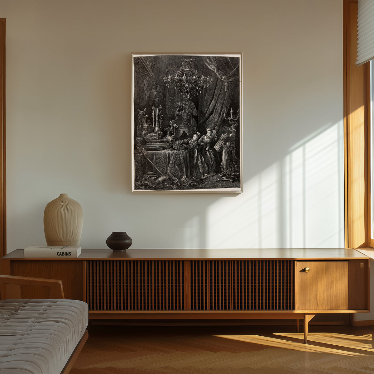 Framed art print of Bluebeard: The Wife Shows Her Friends the Treasures by Gustave Doré, in a thin light frame on a sunlit wall above a wooden sideboard
