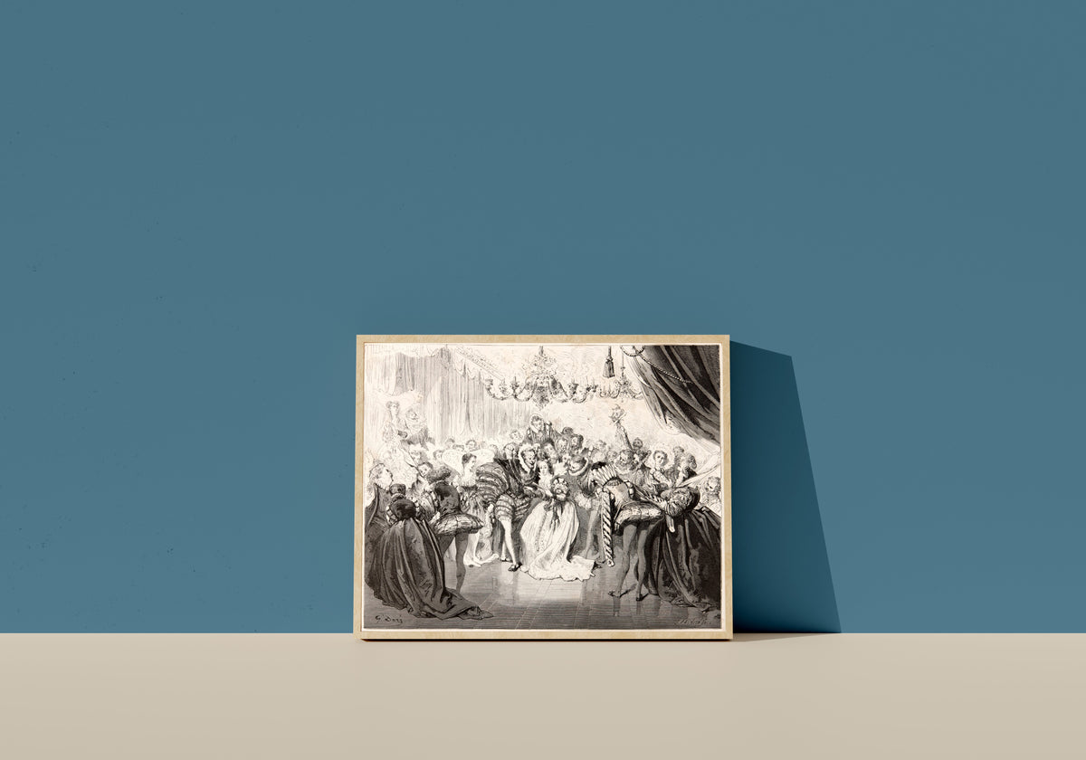 Framed art print of Cinderella: The Ball by Gustave Doré, in a light wood frame leaning on a blue wall