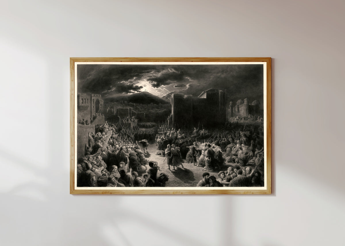 Framed art print of Crucifixion Scene in a Storm-lit Town by Gustave Doré, in a light wood frame on a sunlit white wall