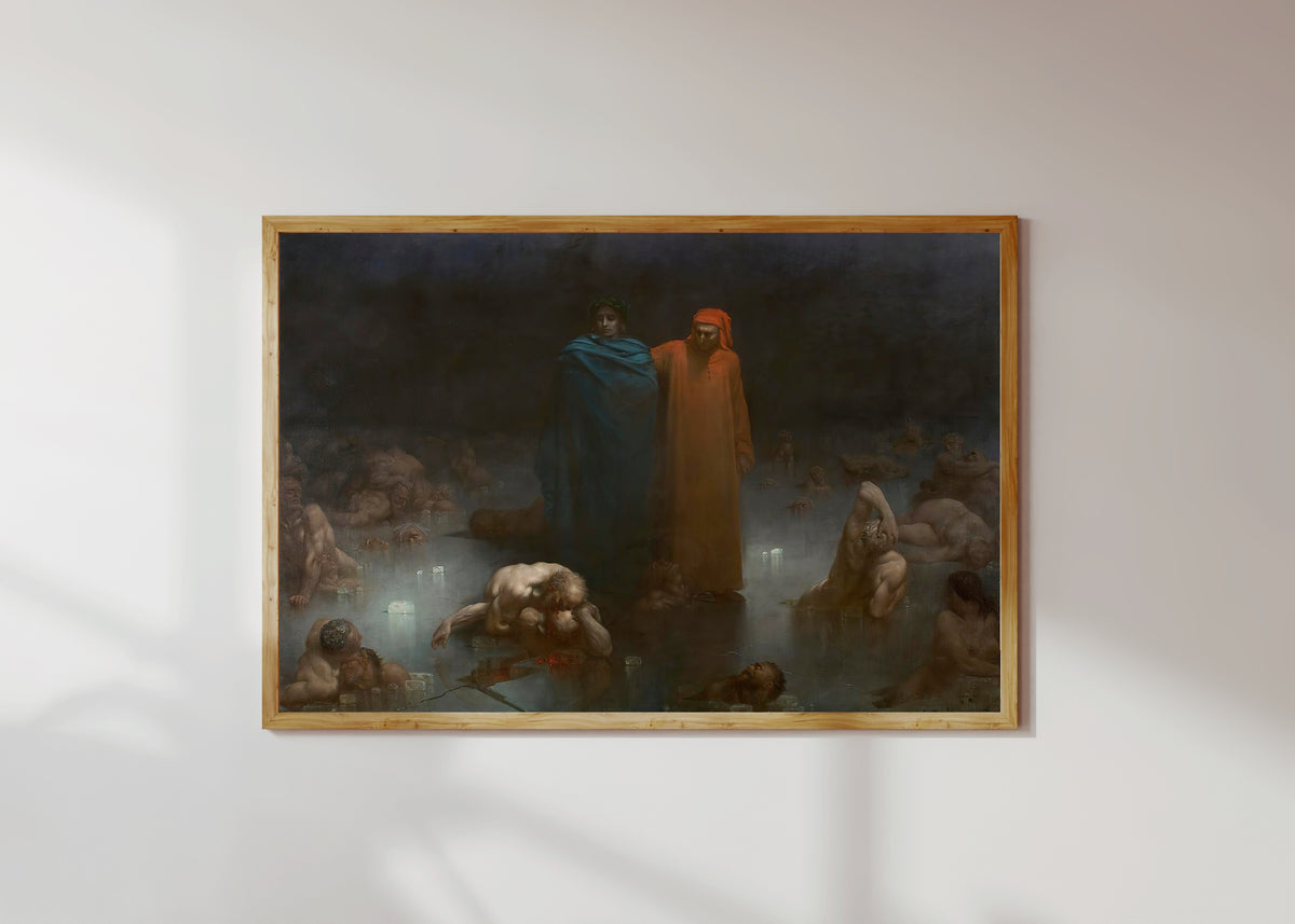 Framed art print of Dante and Virgil in the Ninth Circle of Hell by Gustave Doré, in a light wood frame on a sunlit white wall