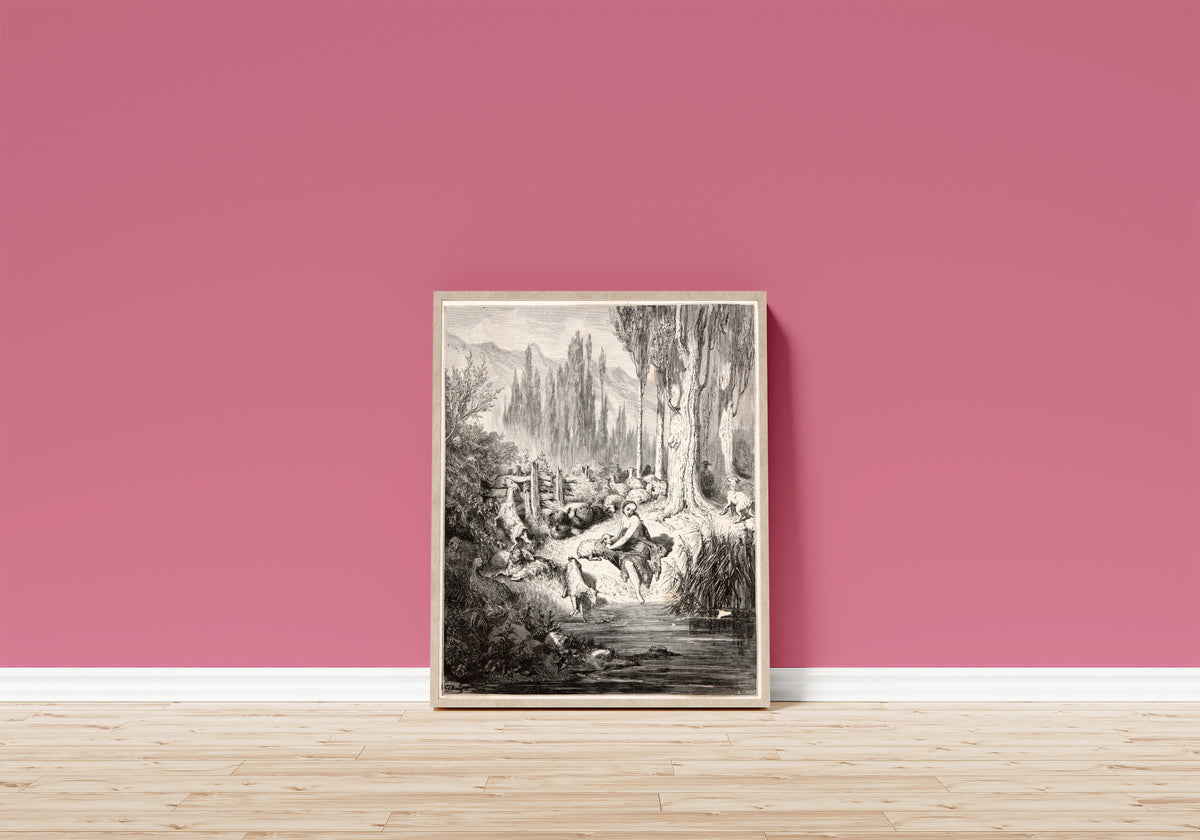 Framed art print of Donkey Skin: The Shepherdess at the Stream by Gustave Doré, in a light wood frame leaning on a pink wall above a wooden floor