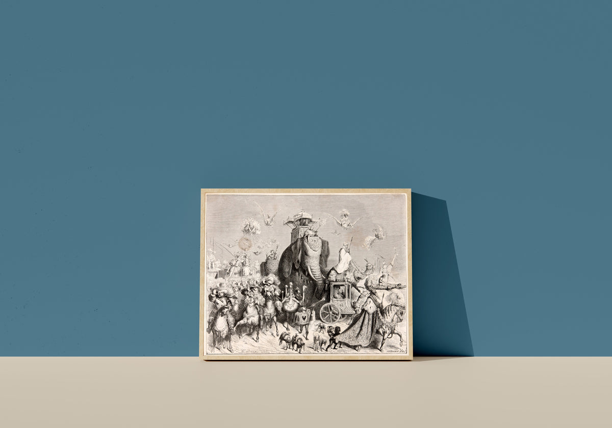 Framed art print of Donkey Skin: The Wedding Procession by Gustave Doré, in a light wood frame leaning on a blue wall