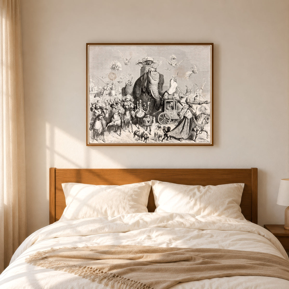 Framed art print of Donkey Skin: The Wedding Procession by Gustave Doré, in a slim wood frame above a bed in a sunlit bedroom