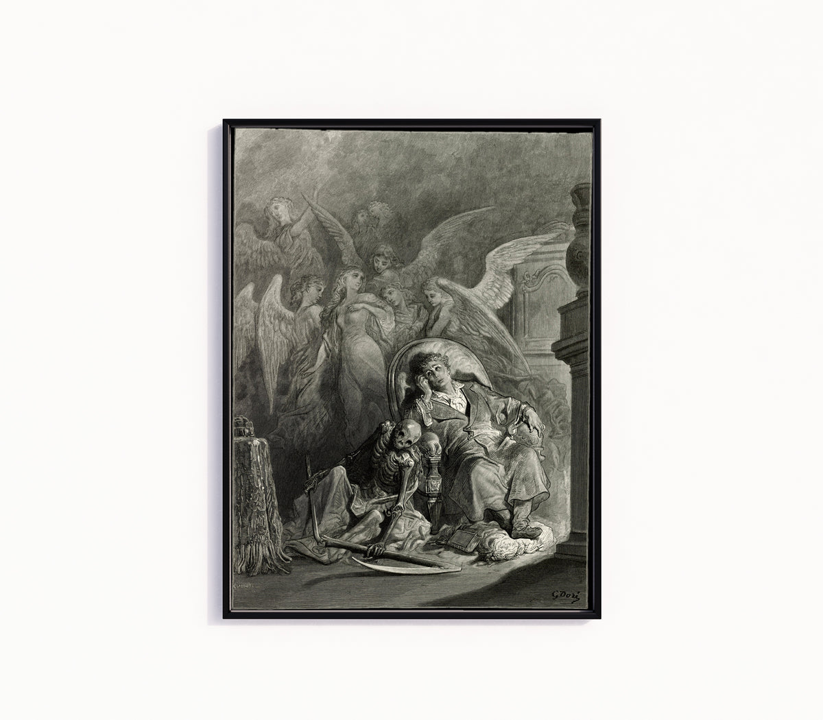 Framed art print of Eagerly I wished the morrow by Gustave Doré, in a slim black frame on a plain white wall