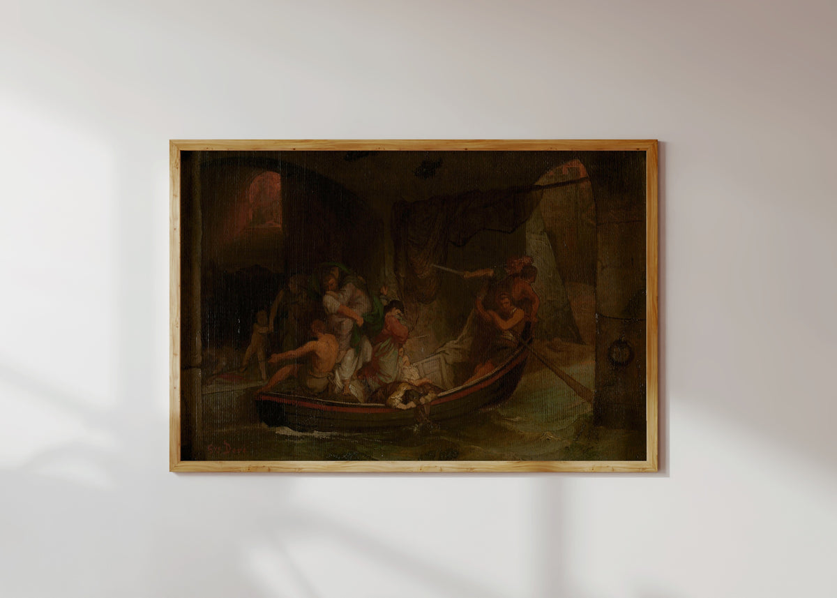Framed art print of Fire of Rome by Gustave Doré, in a light wood frame on a sunlit white wall