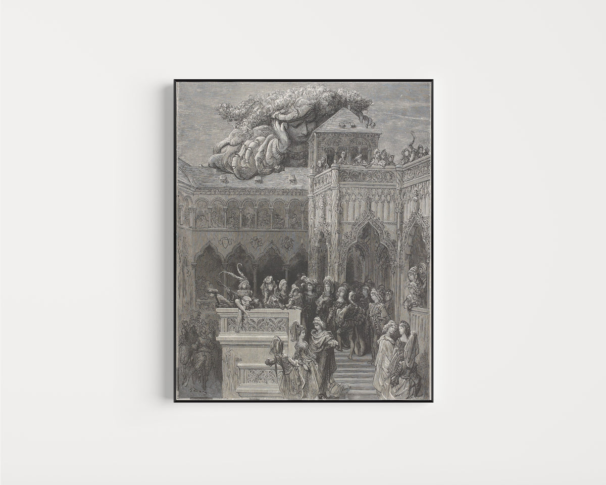 Framed art print of Gargantua and the Abbey of Thélème by Gustave Doré, in a slim black frame on a plain white wall