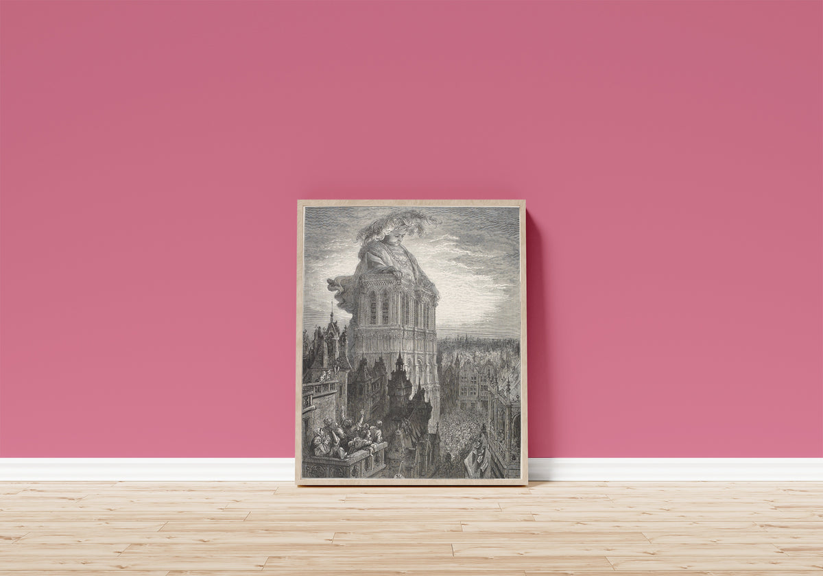 Framed art print of Gargantua on the Towers of Notre-Dame by Gustave Doré, in a light wood frame leaning on a pink wall above a wooden floor