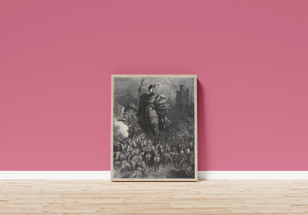 Framed art print of Gargantua Strikes the Castle of Gué de Vède with a Tree by Gustave Doré, in a light wood frame leaning on a pink wall above a wooden floor
