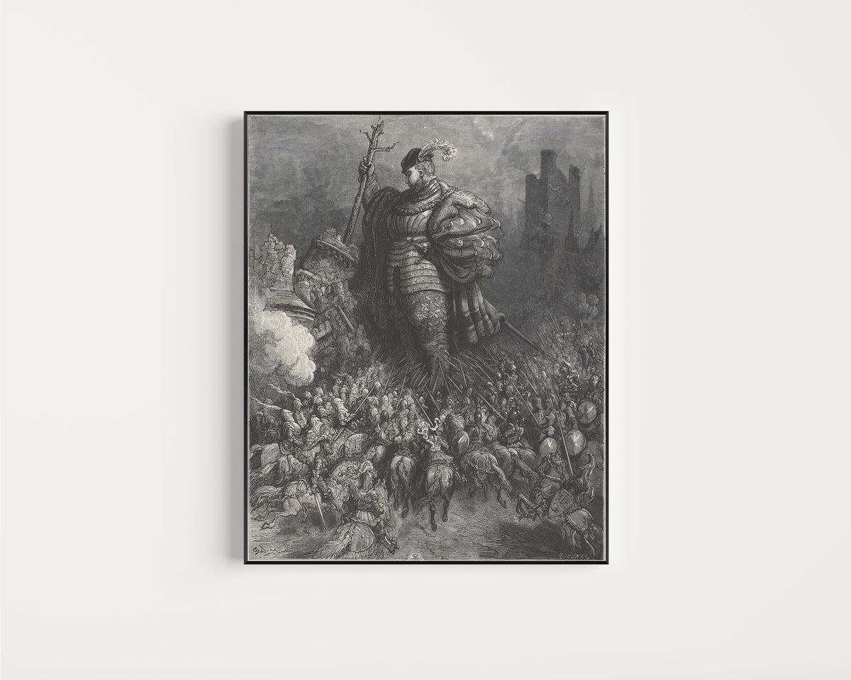 Framed art print of Gargantua Strikes the Castle of Gué de Vède with a Tree by Gustave Doré, in a slim black frame on a plain white wall
