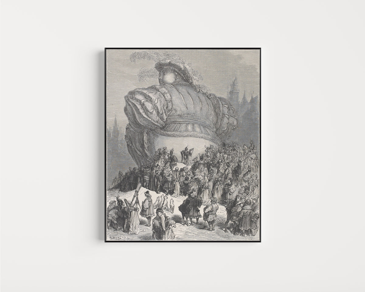 Framed art print of Gargantua's Welcome to Paris by Gustave Doré, in a slim black frame on a plain white wall