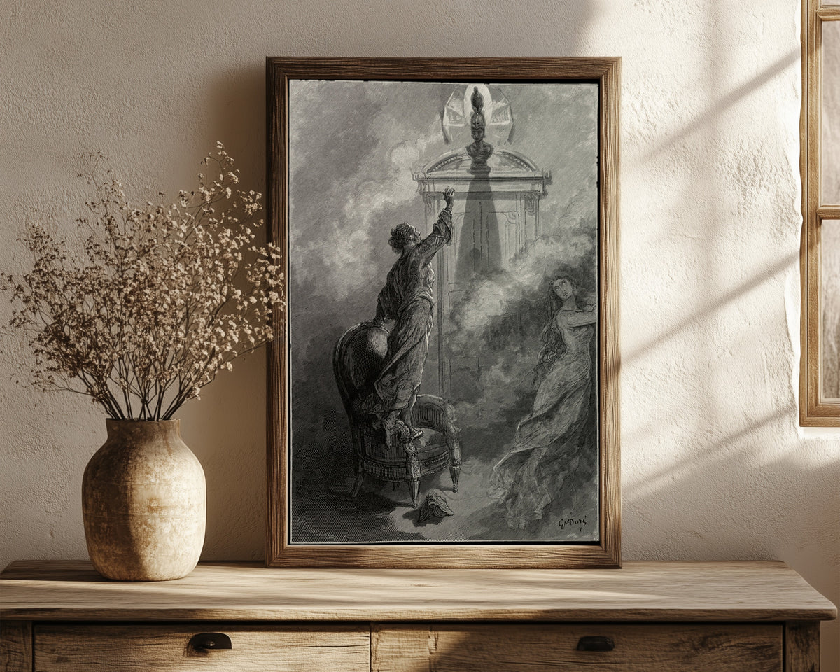 Framed art print of Is there balm in Gilead? by Gustave Doré, in a dark wood frame leaning on a rustic console beside dried flowers