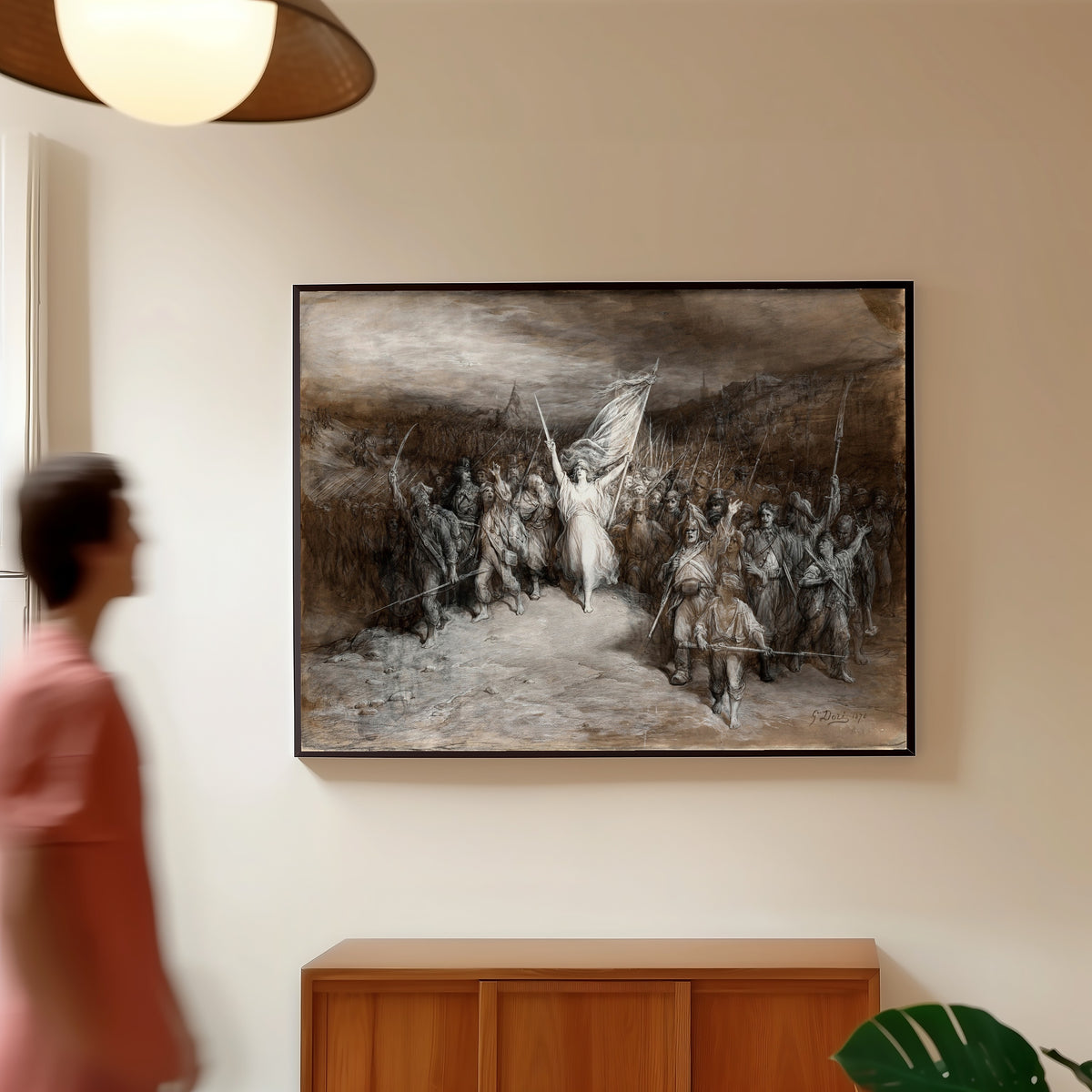 Framed art print of La Marseillaise by Gustave Doré, in a slim black frame on a warm wall in a sunlit room