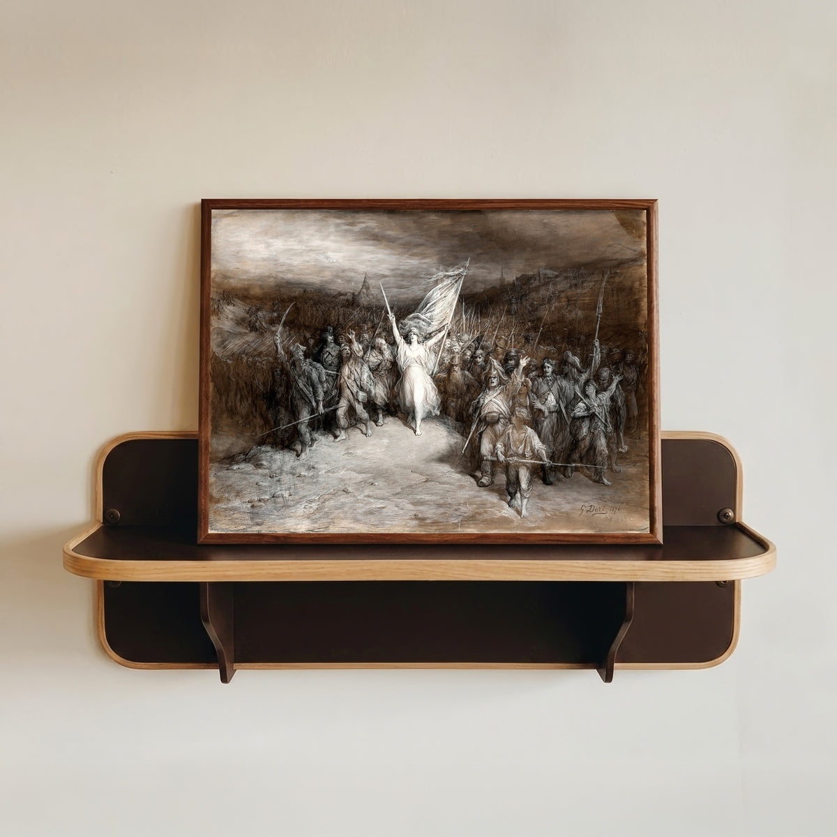 Framed art print of La Marseillaise by Gustave Doré, in a dark wood frame resting on a wall shelf