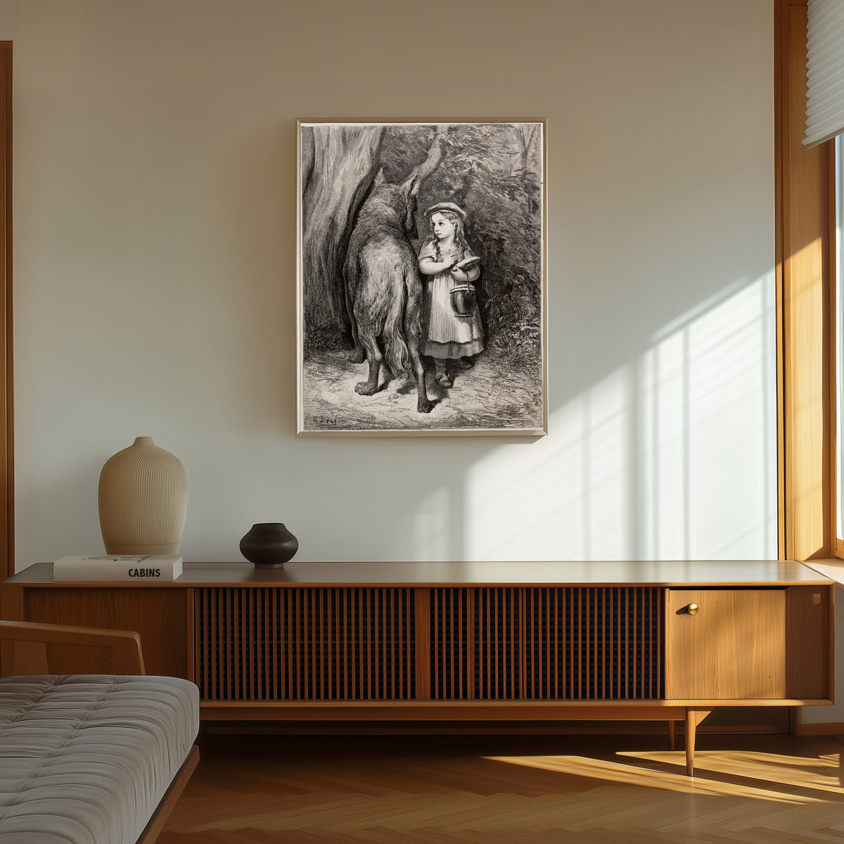 Framed art print of Little Red Riding Hood: Meeting the Wolf by Gustave Doré, in a thin light frame on a sunlit wall above a wooden sideboard