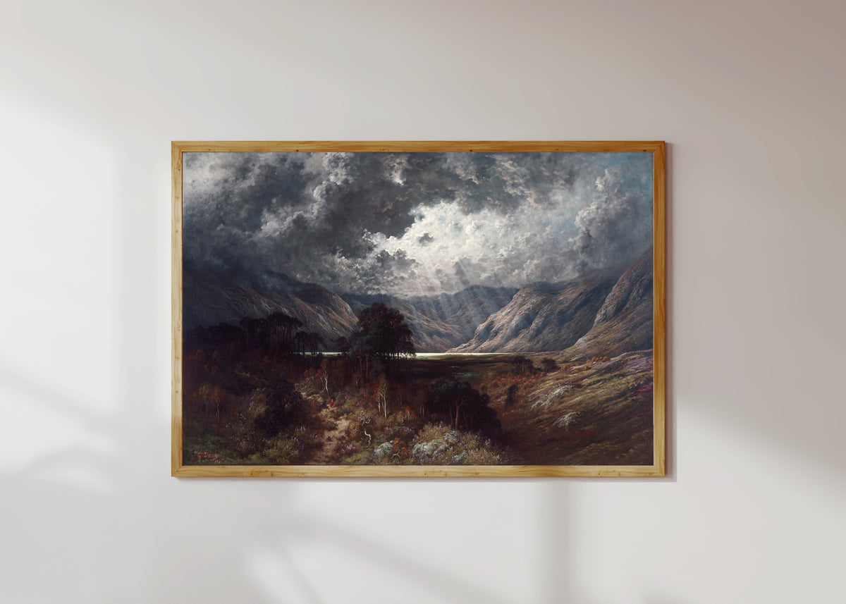 Framed art print of Loch Lomond by Gustave Doré, in a light wood frame on a sunlit white wall