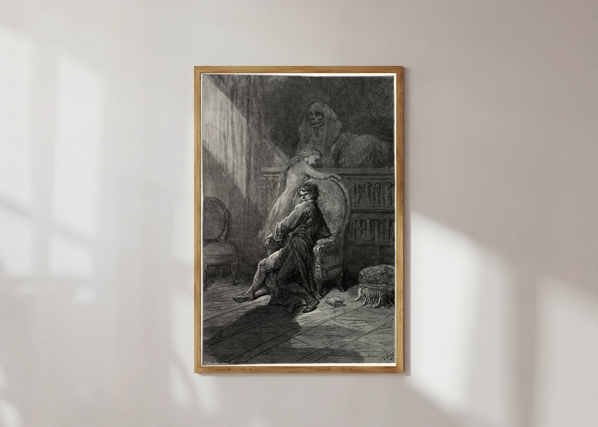 Framed art print of On this home by Horror haunted by Gustave Doré, in a light wood frame on a sunlit white wall