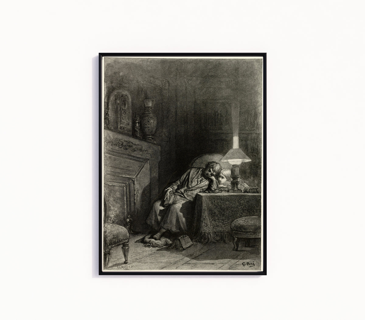 Framed art print of Once upon a midnight dreary by Gustave Doré, in a slim black frame on a plain white wall