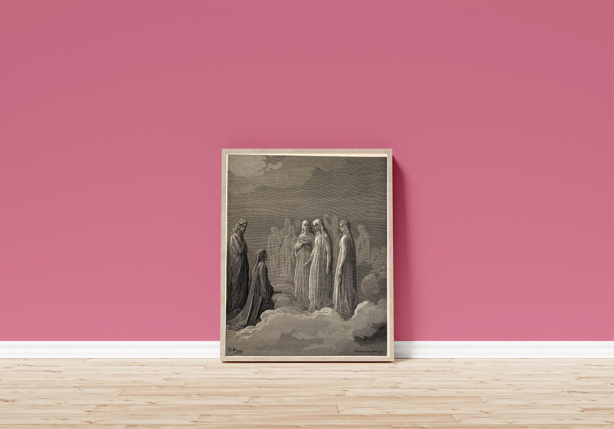 Framed art print of Paradiso, Canto III: Piccarda and the Souls in the Moon by Gustave Doré, in a light wood frame leaning on a pink wall above a wooden floor