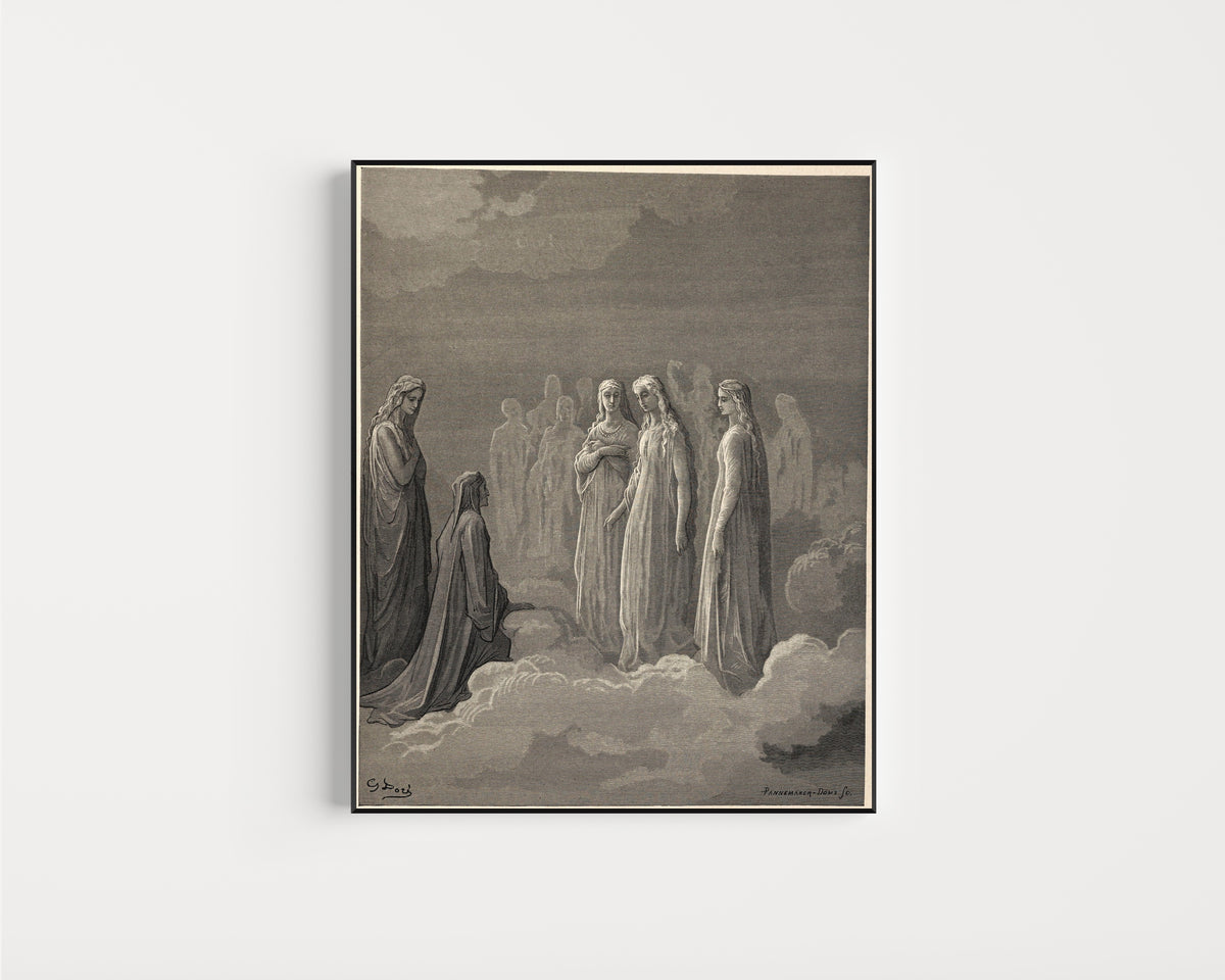 Framed art print of Paradiso, Canto III: Piccarda and the Souls in the Moon by Gustave Doré, in a slim black frame on a plain white wall