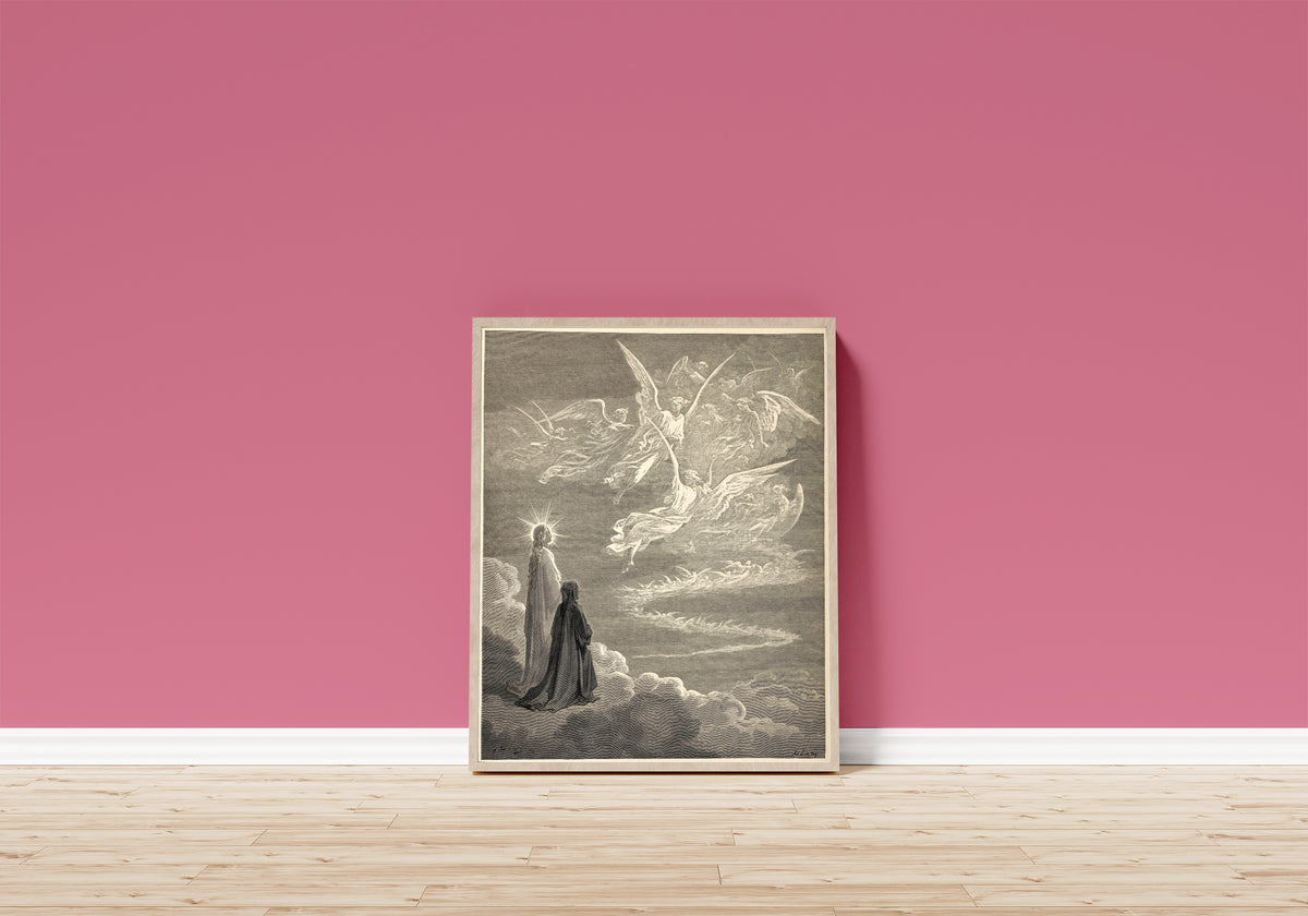 Framed art print of Paradiso, Canto XVIII: The Eagle of Souls by Gustave Doré, in a light wood frame leaning on a pink wall above a wooden floor