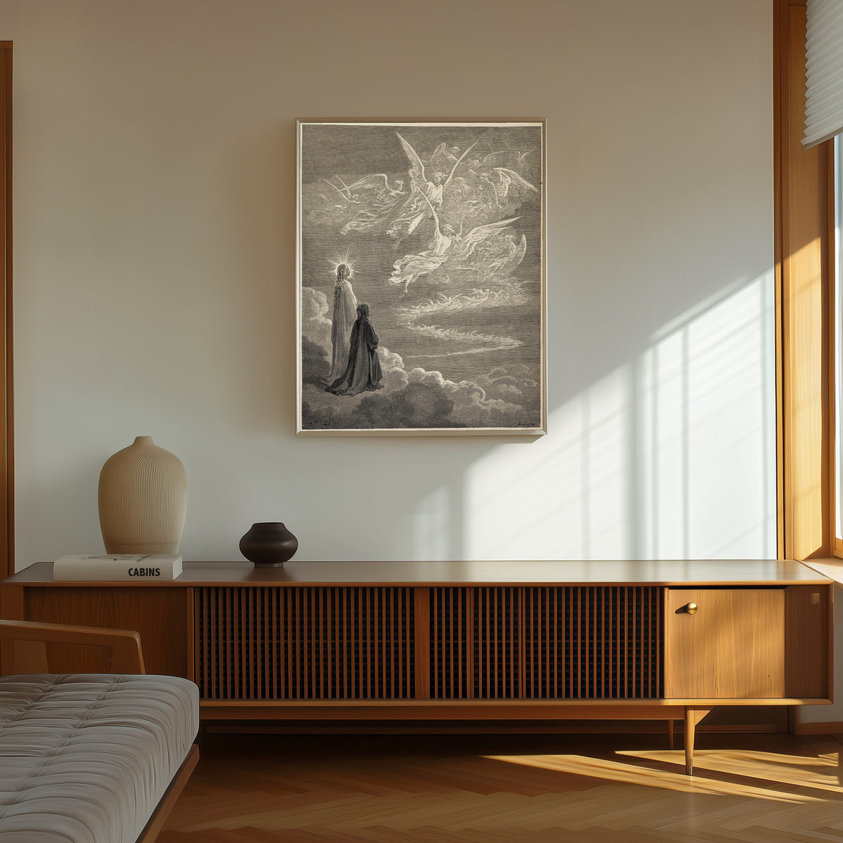 Framed art print of Paradiso, Canto XVIII: The Eagle of Souls by Gustave Doré, in a thin light frame on a sunlit wall above a wooden sideboard
