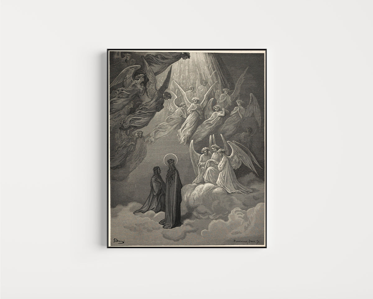 Framed art print of Paradiso, Canto XX: The Living Lights of Jupiter by Gustave Doré, in a slim black frame on a plain white wall