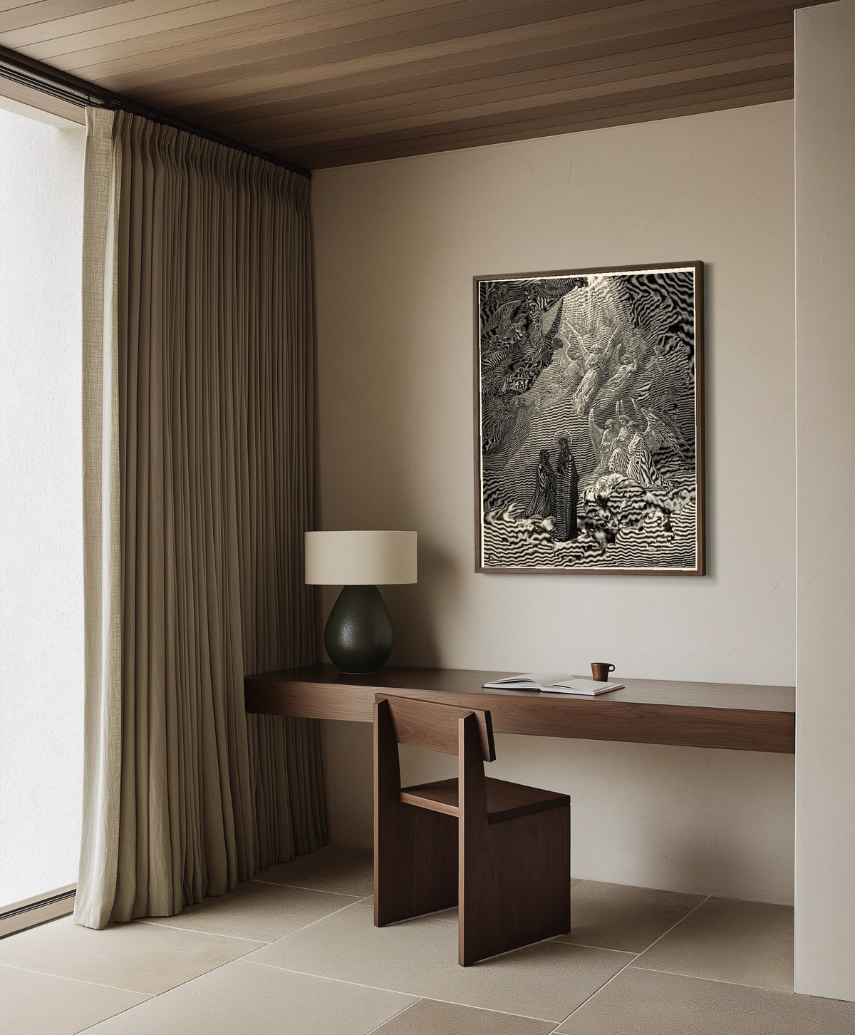 Framed art print of Paradiso, Canto XX: The Living Lights of Jupiter by Gustave Doré, in a dark wood frame on a plaster wall above a walnut desk