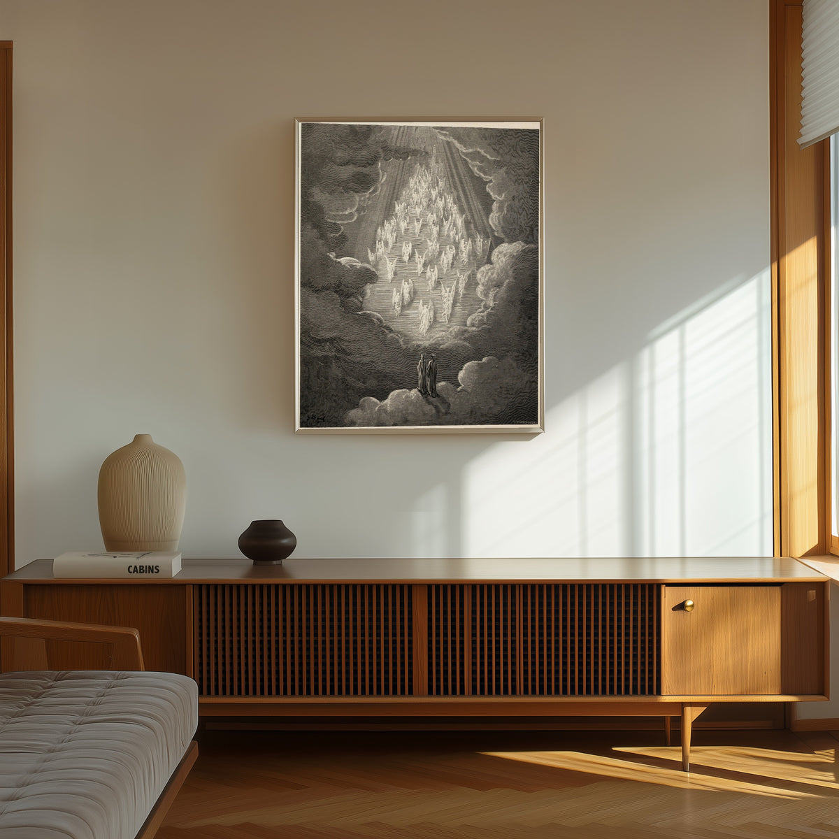 Framed art print of Paradiso, Canto XXI: The Golden Ladder by Gustave Doré, in a thin light frame on a sunlit wall above a wooden sideboard