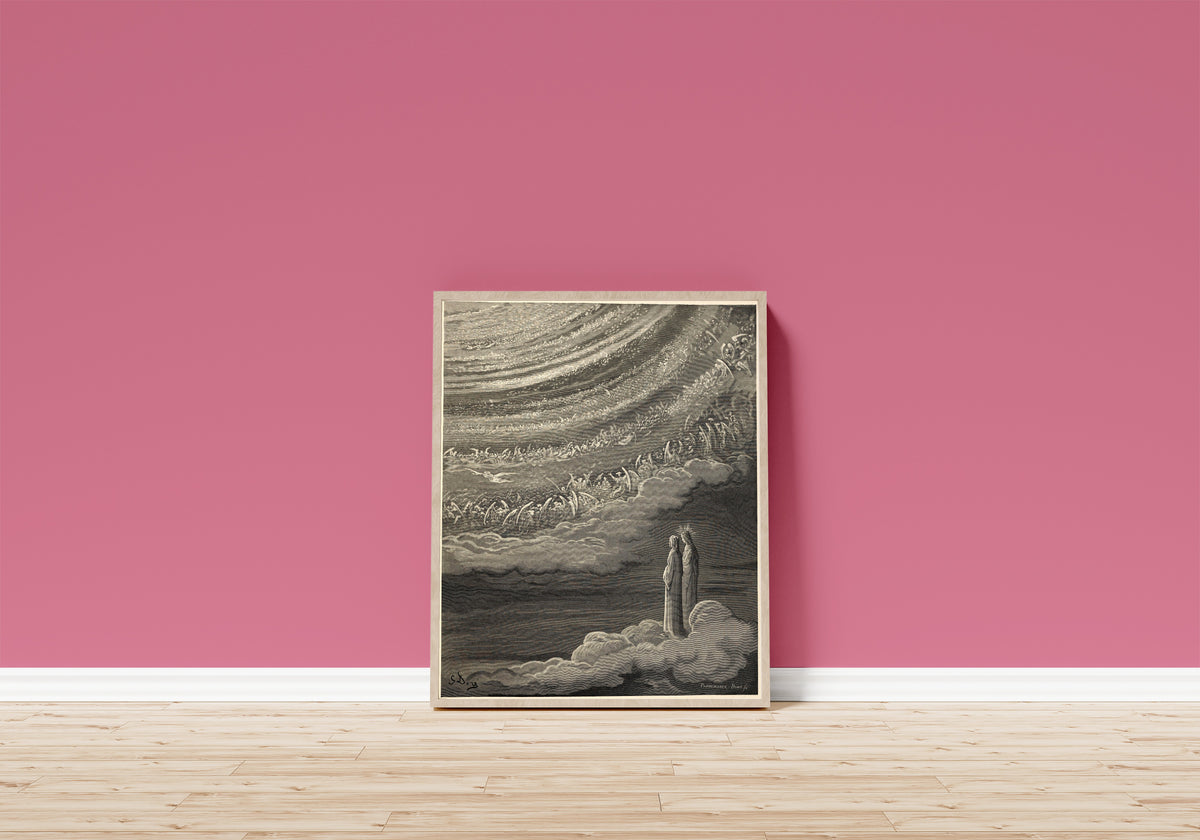 Framed art print of Paradiso, Canto XXVIII: The Angelic Circles by Gustave Doré, in a light wood frame leaning on a pink wall above a wooden floor