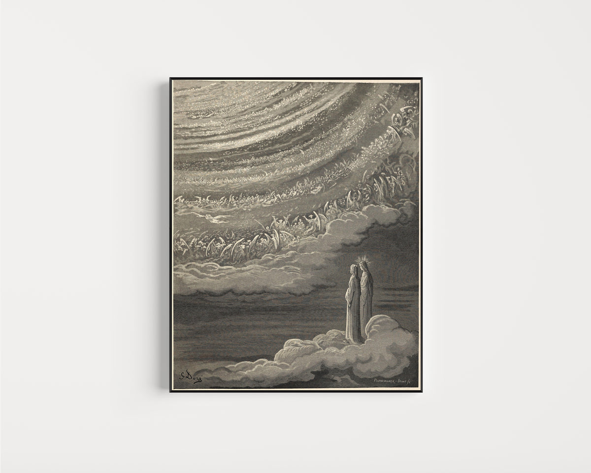 Framed art print of Paradiso, Canto XXVIII: The Angelic Circles by Gustave Doré, in a slim black frame on a plain white wall