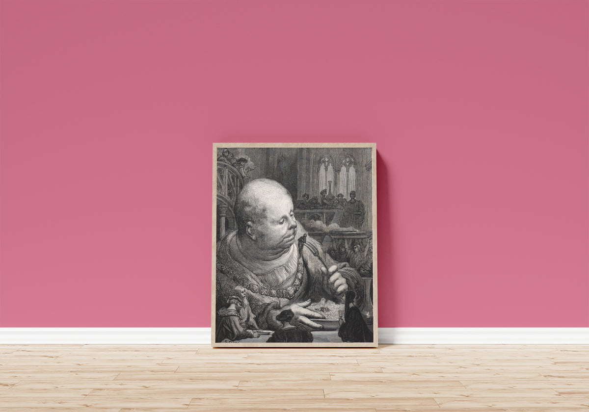 Framed art print of Pilgrims Eaten in a Salad by Gustave Doré, in a light wood frame leaning on a pink wall above a wooden floor