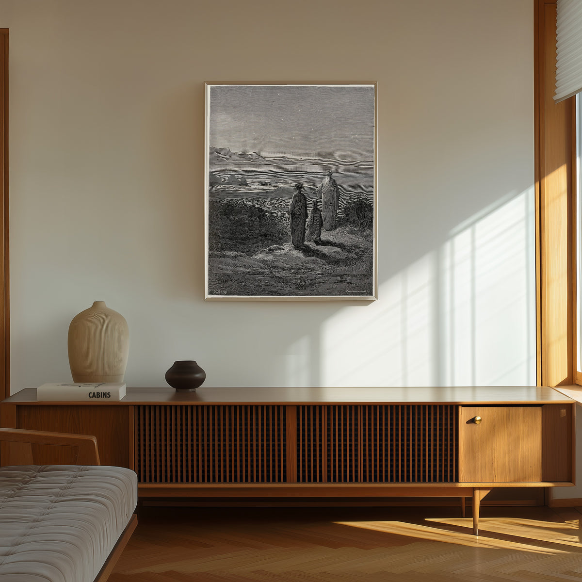 Framed art print of Purgatorio, Canto I: Cato on the Shore by Gustave Doré, in a thin light frame on a sunlit wall above a wooden sideboard