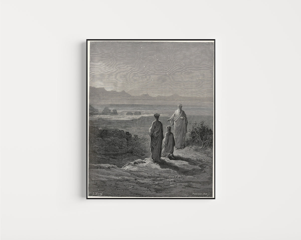 Framed art print of Purgatorio, Canto I: Cato on the Shore by Gustave Doré, in a slim black frame on a plain white wall