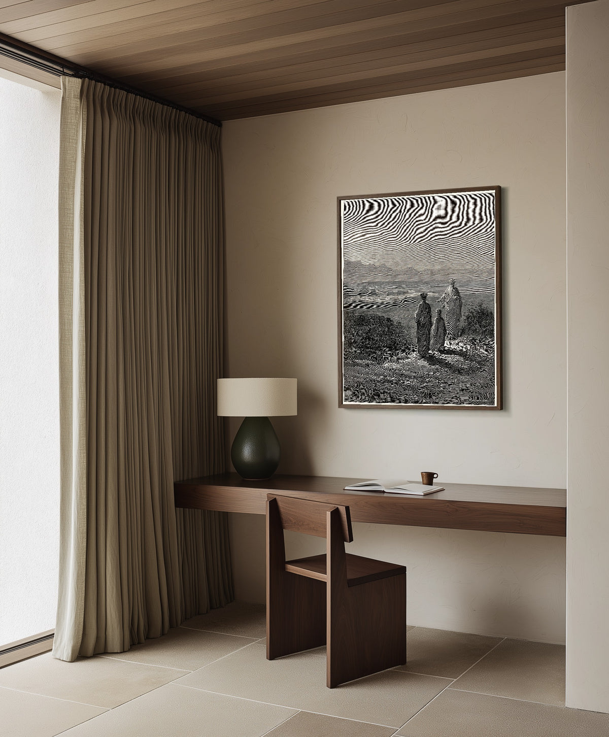 Framed art print of Purgatorio, Canto I: Cato on the Shore by Gustave Doré, in a dark wood frame on a plaster wall above a walnut desk