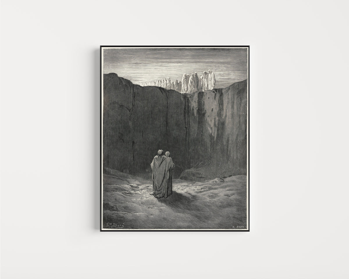 Framed art print of Purgatorio, Canto III: Virgil Explores the Pathway by Gustave Doré, in a slim black frame on a plain white wall