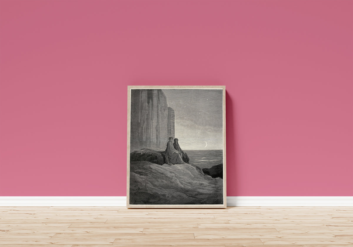 Framed art print of Purgatorio, Canto IX: Dawn over the Eastern Cliff by Gustave Doré, in a light wood frame leaning on a pink wall above a wooden floor