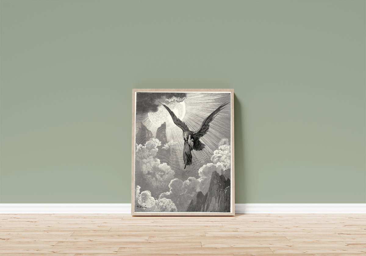 Framed art print of Purgatorio, Canto IX: The Dream of the Eagle by Gustave Doré, in a light wood frame leaning on a sage green wall above a wooden floor