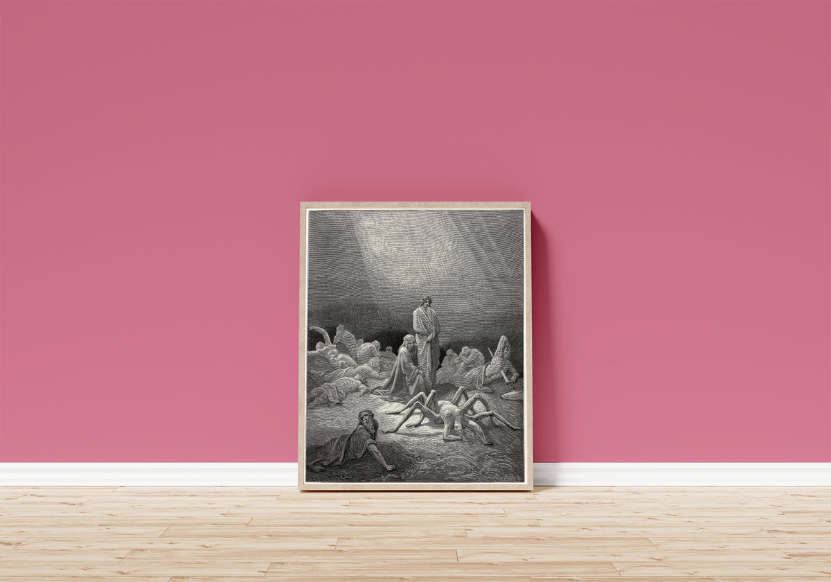 Framed art print of Purgatorio, Canto XII: Arachne, Half Spider Now by Gustave Doré, in a light wood frame leaning on a pink wall above a wooden floor