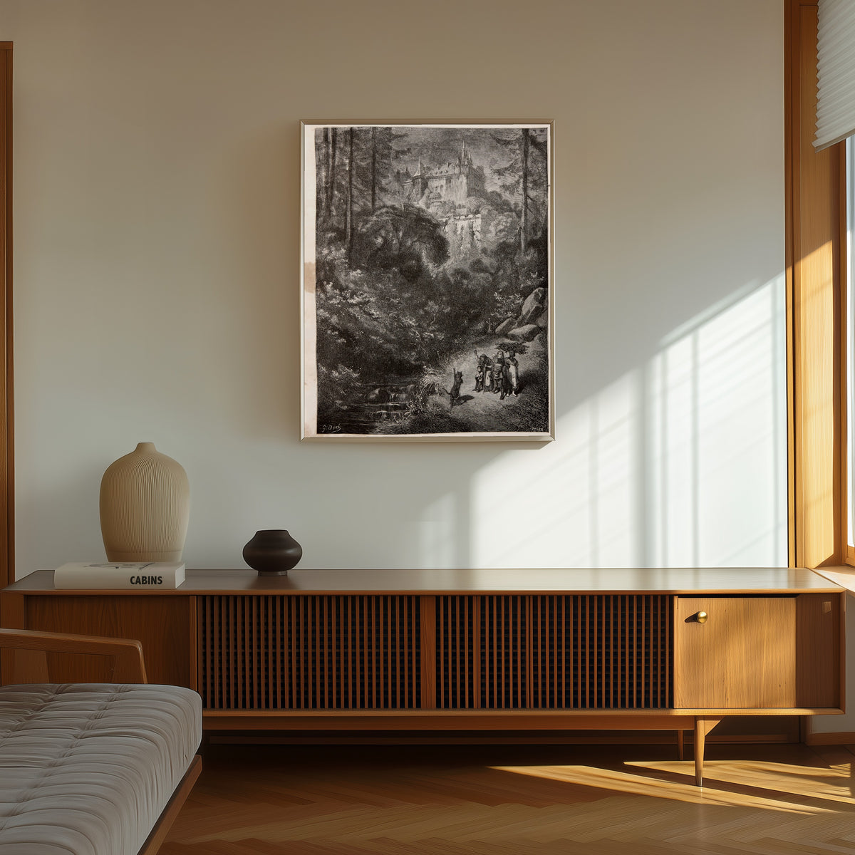 Framed art print of Puss in Boots: The Cat Runs Ahead to the Castle by Gustave Doré, in a thin light frame on a sunlit wall above a wooden sideboard
