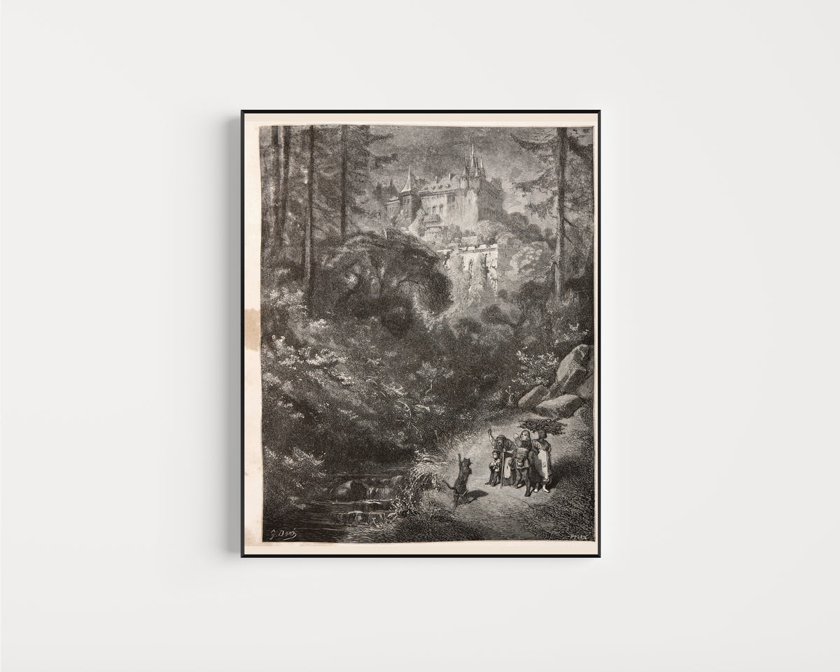 Framed art print of Puss in Boots: The Cat Runs Ahead to the Castle by Gustave Doré, in a slim black frame on a plain white wall