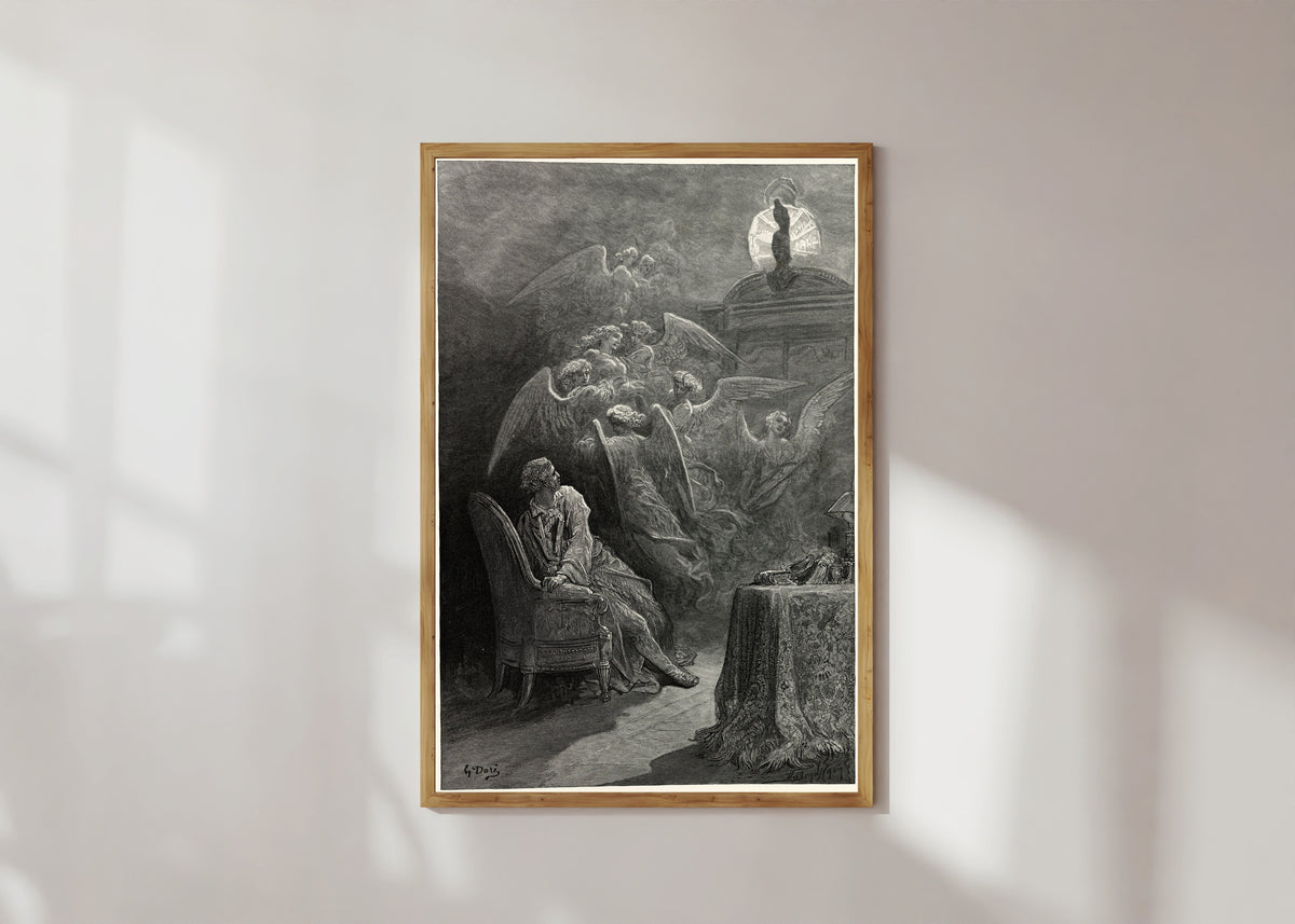 Framed art print of Respite and nepenthe from thy memories of Lenore by Gustave Doré, in a light wood frame on a sunlit white wall