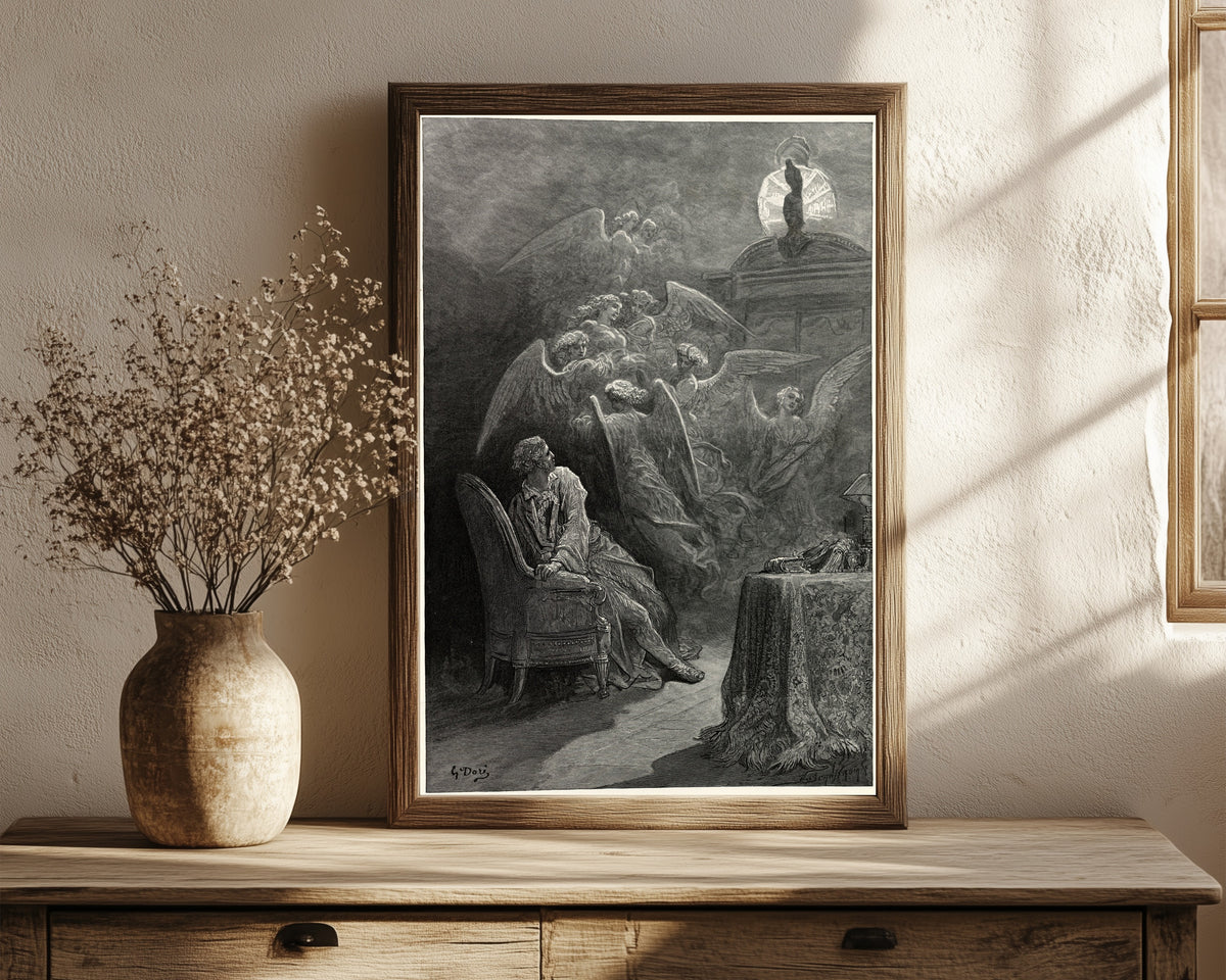 Framed art print of Respite and nepenthe from thy memories of Lenore by Gustave Doré, in a dark wood frame leaning on a rustic console beside dried flowers