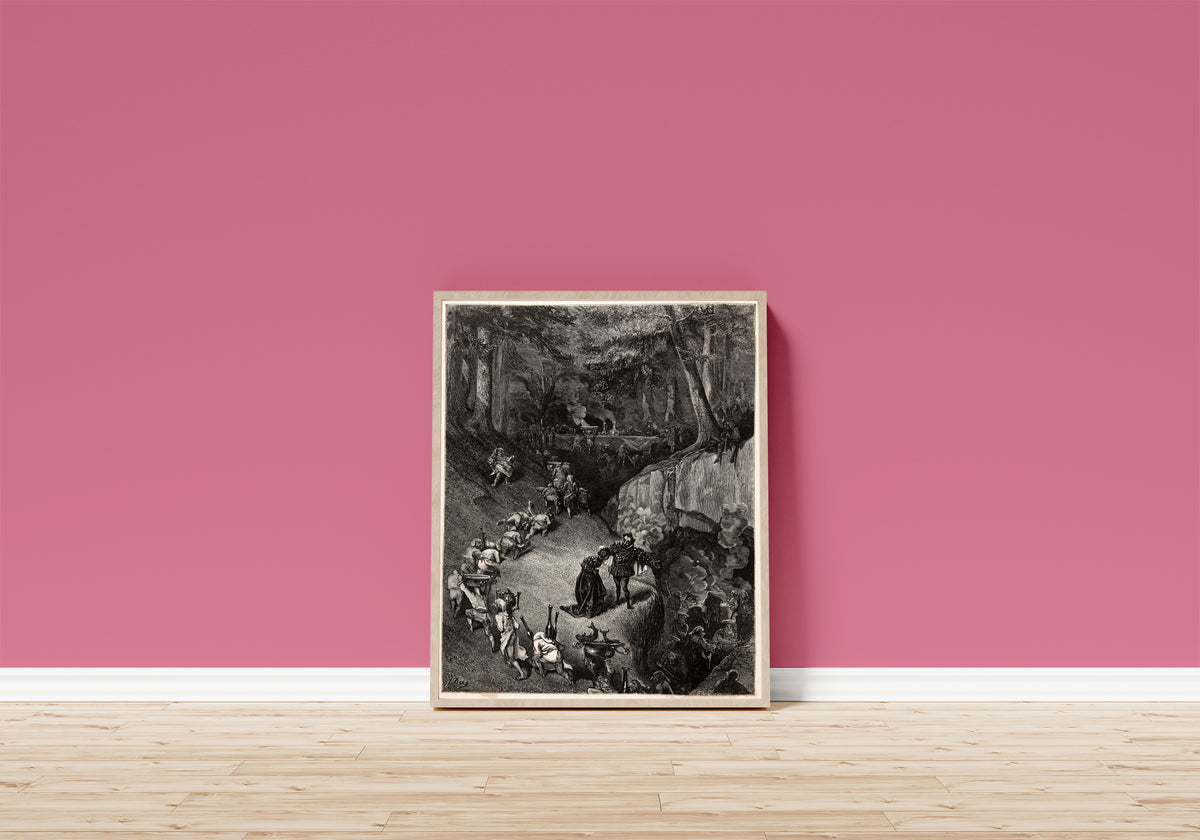 Framed art print of Riquet with the Tuft: The Cooks in the Forest by Gustave Doré, in a light wood frame leaning on a pink wall above a wooden floor