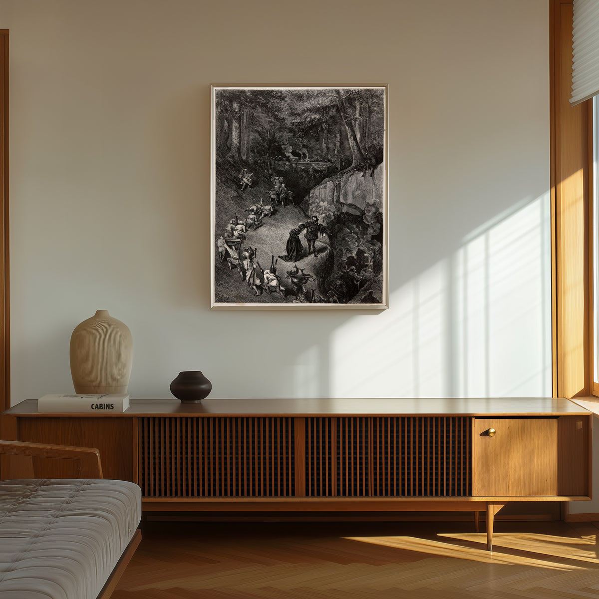 Framed art print of Riquet with the Tuft: The Cooks in the Forest by Gustave Doré, in a thin light frame on a sunlit wall above a wooden sideboard
