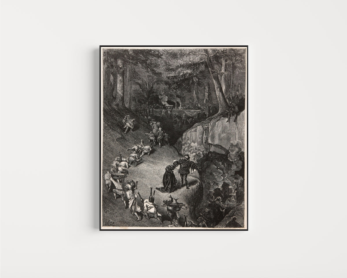 Framed art print of Riquet with the Tuft: The Cooks in the Forest by Gustave Doré, in a slim black frame on a plain white wall