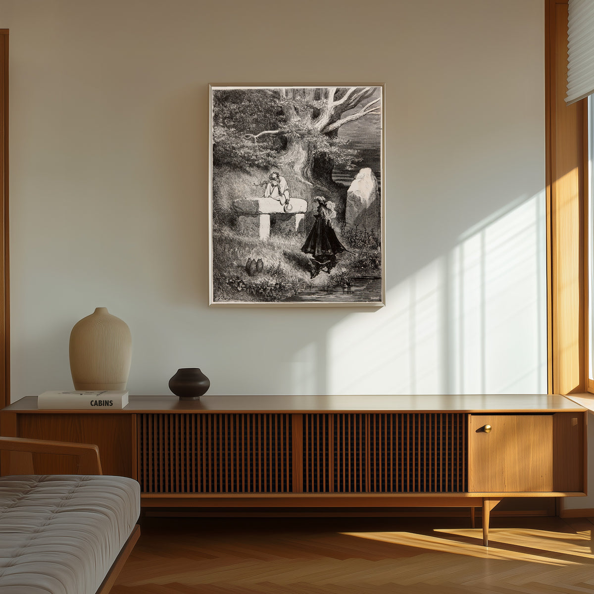 Framed art print of Riquet with the Tuft: The Princess Meets Riquet by Gustave Doré, in a thin light frame on a sunlit wall above a wooden sideboard