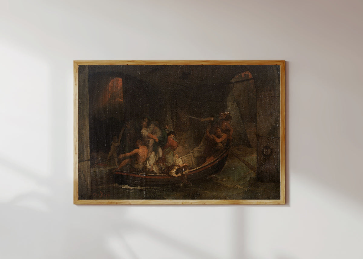 Framed art print of Rome in Flames by Gustave Doré, in a light wood frame on a sunlit white wall