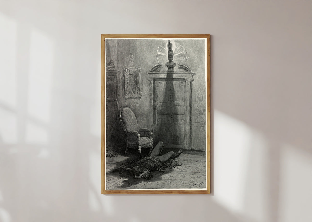 Framed art print of nevermore! by Gustave Doré, in a light wood frame on a sunlit white wall