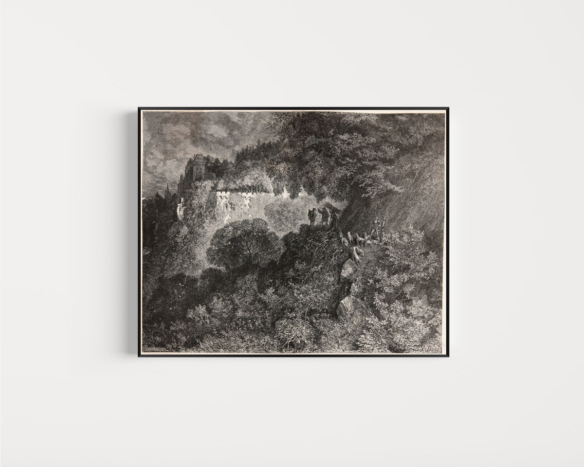 Framed art print of Sleeping Beauty: The Enchanted Castle by Gustave Doré, in a slim black frame on a plain white wall