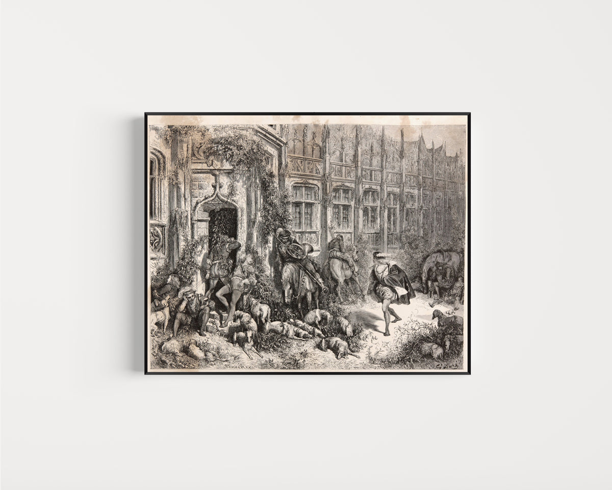Framed art print of Sleeping Beauty: The Prince Arrives at the Castle by Gustave Doré, in a slim black frame on a plain white wall